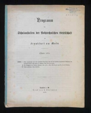 1873/74: Programm der Schulanstalten der Polytechnischen Gesellschaft zu Frankfurt am Main - 1873/74