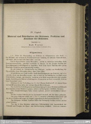 IV. Capitel. Material und Fabrikation der Schienen. Probiren und Abnahme der Schienen