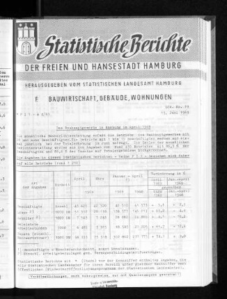 Das Bauhauptgewerbe in Hamburg im April 1969 : Lfd. Nr. 19