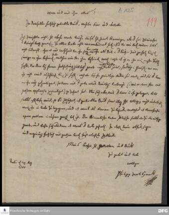 Brief von Philipp Jakob Spener an August Hermann Francke.