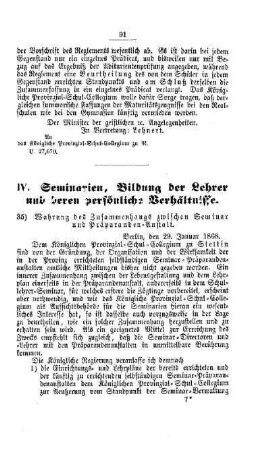 Wahrung des Zusammenhangs zwischen Seminar und Präparanden-Anstalt : [IV. Seminarien, Bildung der Lehrer und deren persönliche Verhältnisse]