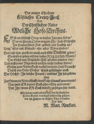 Der jungen Ehe-Leute Köstliches Creutz-Joch Und Der Christlichen Ritter Adeliche Hofe-Brehme.