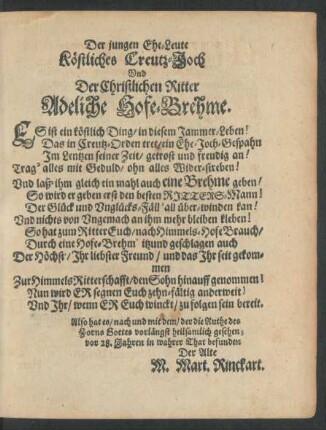 Der jungen Ehe-Leute Köstliches Creutz-Joch Und Der Christlichen Ritter Adeliche Hofe-Brehme.