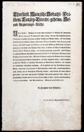 Kurfürstliche Regierungsverordnung über das Kartenprivileg