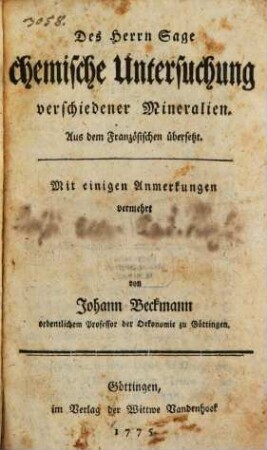 Des Herrn Sage chemische Untersuchung verschiedener Mineralien