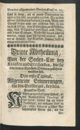 Dritte Abtheilung, Von der Seelen-Cur bey Kranken und Sterbenden, wie sie von denen Kyrchen-Dienern geführet werden soll