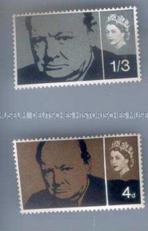Satz aus 2 britischen (?) Briefmarken mit einem Porträt von Winston Churchill nach einer Vorlage von Yousuf Karsh