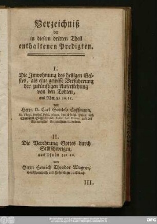 Verzeichniß der in diesem dritten Theil enthaltenen Predigten.