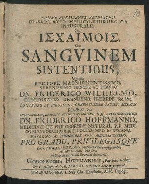 Dissertatio Medico-Chirurgica Inauguralis, De Ischaimois. Seu Sanguinem Sistentibus