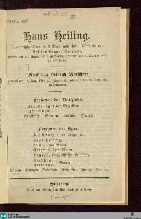 Hans Heiling : romantische Oper in 3 Akten und einem Vorspiele