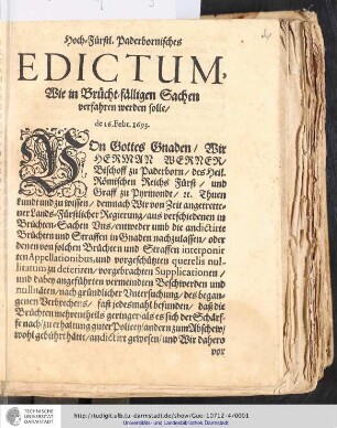 Hoch-Fürstl. Paderbornisches Edictum, Wie in Brücht-fälligen Sachen verfahren werden solle/ de 16. Febr. 1693.