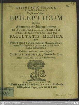 Disputatio medica inauguralis explicano casum epilepticum
