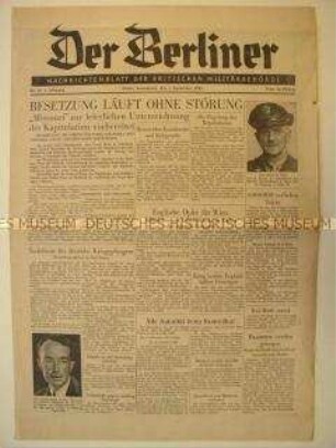 Tageszeitung der britischen Militärbehörde für die Berliner Bevölkerung u.a. zur Besetzung Japans durch die Alliierten nach der Kapitulation
