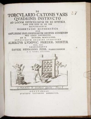 De Torcvlario Catonis Vasis Qvadrinis Instrvcto Ad Locvm Difficillimvm De Re Rvstica Capp. XVIII. XVIIII. XX. XXI. XXII. Illvstrandvm Dissertatio Mathematica