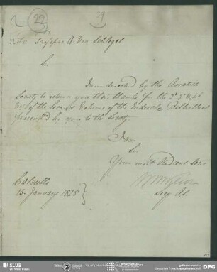 Eigenh. Brief von Horace H. Wilson an August Wilhelm von Schlegel, Kalkutta, 15.01.1828