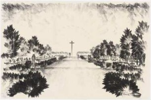 Erweiterung der Friedhöfe, Stolp: Perspektivische Ansicht mit Blick über einen welligen, von Gräbern und Sträuchern gesäumten Weg auf das Hochkreuz