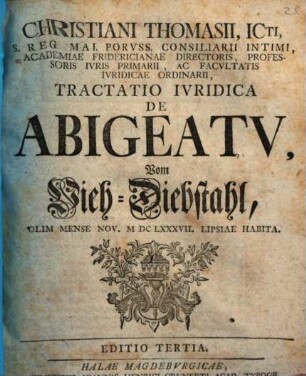 Christinai Thomasii, ICti, S. Reg Mai. Porvss. Consiliarii Intimi ... Tractatio Ivridica De Abigeatv = Vom Vieh-Diebstahl