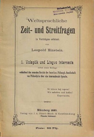 Weltsprachliche Zeit- und Streitfragen in Vorträgen erörtert, 1