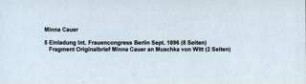 Einladung Internationaler Frauencongress Berlin September 1896 ; Fragment eines Briefes von Minna Cauer an Muschka von Witt