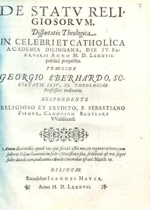 De Statv Religiosorvm Disputatio Theologica