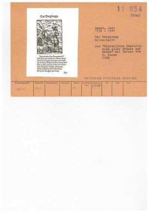 Der Bergknapp : Ammann, Jost: Der Bergknapp. Holzschnitt; 160 x 116 mm beschnitten (Blattgröße). Aus: Sachs, Hans, Eygentliche Beschreibung Aller Stände auff Erden. Hoher vnd Nidriger, Geistlicher vnd Weltlicher, Aller Künsten, Handwercken vnd Händeln, [et]c. vom grösten biß zum kleinesten, Auch von jarem Ursprung, Erfindung vnd gebreuchen. Franckfurt am Mayn: Sigmund Feyerabend, 1568. Dresden: SLUB Lit.Germ.rec.B.2039
