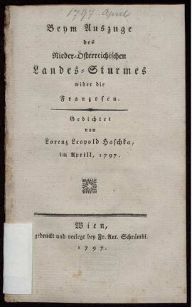 Beym Auszuge des Nieder-Österreichischen Landes-Sturmes wider die Franzosen