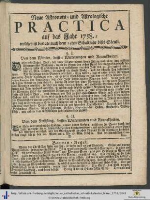 Neue Astronom- und Astrologische Practica auf das Jahr 1758.