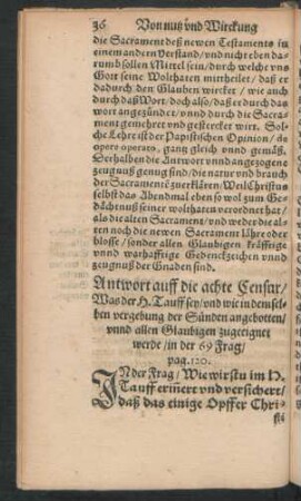 Antwort auff die achte Censur/ Was der H. Tauff sey/ und wie in demselben vergebung der Sünden angebotten ...