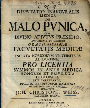 Dispvtatio Inavgvralis Medica De Malo Pvnica