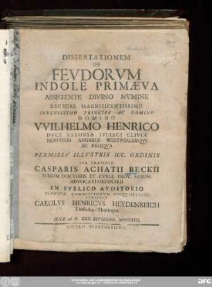 Dissertationem De Fevdorvm Indole Primaeva : Assisitente Divino Nvmine