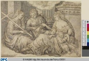 Glaube, Hoffnung, Liebe mit drei schlafenden Kindern auf dem Boden sitzend in einer Architektur im Tempel, von oben die Taube herabschwebend