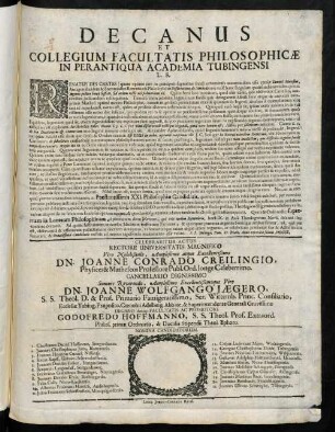 Decanus Et Collegium Facultatis Philosophicae In Perantiqua Academia Tubingensi L. S.