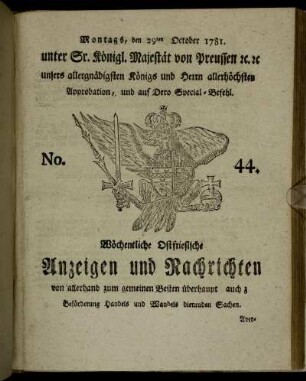 No. 44. Montags, den 29ten October 1781.