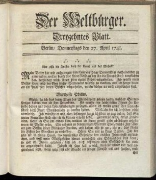 Dreyzehntes Blatt. Berlin, Donnerstags den 27. April 1741.