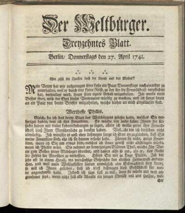 Dreyzehntes Blatt. Berlin, Donnerstags den 27. April 1741.