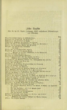 Erstes Register über die im 39. Bande (Jahrgang 1862) enthaltenen Abhandlungen und Miscellen