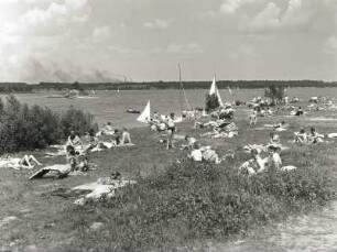 Lausitzer Braunkohlerevier. Knappensee (rekultiviertes abgesoffenes Tagebaurestloch). Badestrand bei Groß Särchen