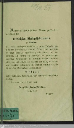 Statut der vereinigten Strohhutfabrikanten zu Dresden : errichtet nach Maßgabe der Vorschriften des Gewerbegesetzes vom 15. October 1861