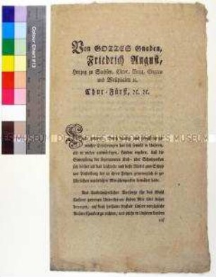 Generale von Friedrich August III. Kurfürst von Sachsen betreffend Impfung gegen die Pocken