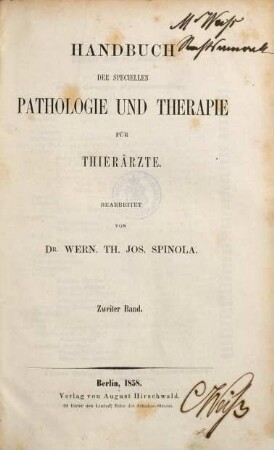 Handbuch der speciellen Pathologie und Therapie für Thierärzte, 2