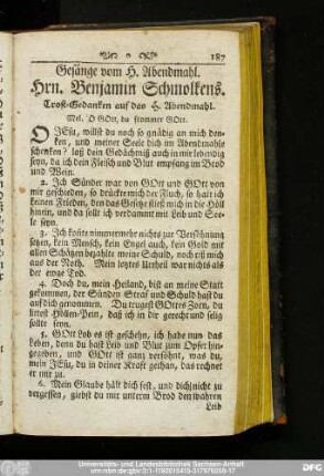 Gesänge vom H. Abendmahl. Hrn. Benjamin Schmolkens.