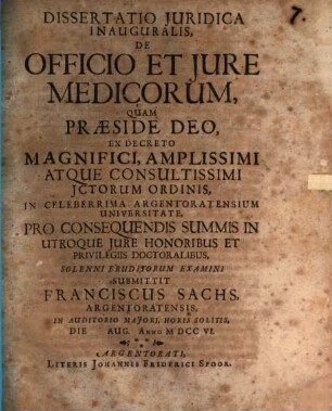 Diss. iur. inaug. de officio et iure medicorum