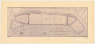 Grünanlagen auf dem Festungsgelände (am Hohenzollernring), Berlin-Spandau: Platzanlage mit Spielfeldern, Turnplatz und Planschbecken im Grundriss - Entwurfsalternative 1:1000, Maßstabsleiste, Profilschnitt 1:500, Stempel
