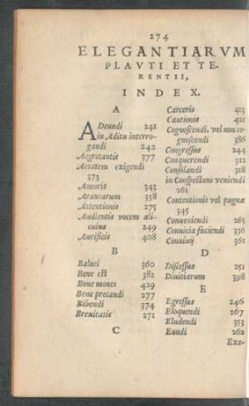 Elegantiarum Plauti Et Terentii, Index.