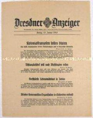 Nachrichtenblatt "Dresdner Anzeiger" u.a. zum Kriegsgeschehen in Westafrika