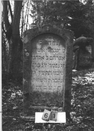 Grabstein 61 (Index: 99608745) Material: Sandstein Zustand: leicht verwittert Maße HxBxT: 110x56x14 cm Beschreibung: Stele mit flachem Spitzgiebel, vertiefter Textteil mit Rundbogenabschluß: Grabstein 61