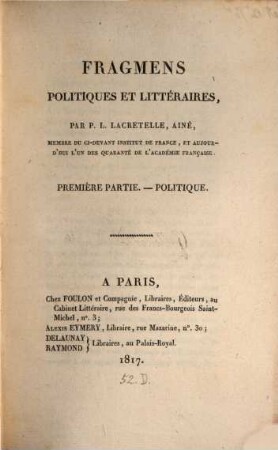 Fragmens politiques et littéraires. 1, Politique