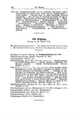 103. Sitzung. Montag den 20. Oktober 1919