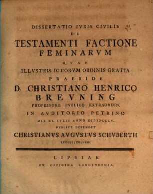 Dissertatio Ivris Civilis De Testamenti Factione Feminarvm