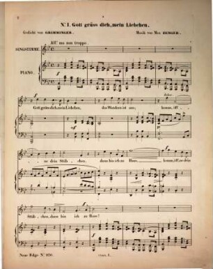 6 Lieder : für Tenor mit Pianoforte-Begl. ; [op. 2]. 1. Gott grüß Dich : v. Grimminger. - 3 S.